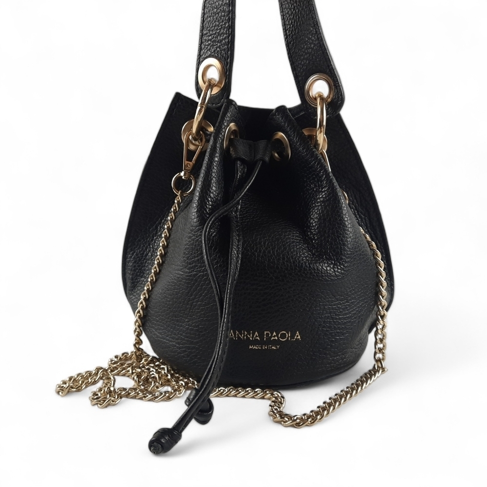 ANNA PAOLA Top Handle Crossbody Drawstring Bucket Bag Pebbled Leather Italy
